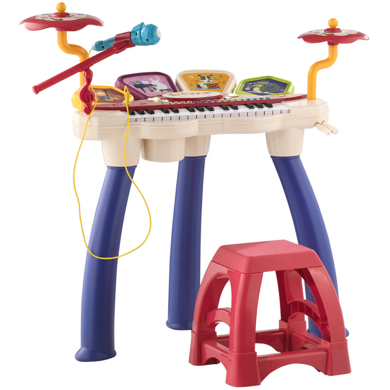 Piano Eletrónico para Crianças com 32 Teclas Piano Infantil 2 em 1 com Microfone Banco Luzes 19 Músicas Bateria e Volume Ajustável 74x32,2x71 cm Multicor