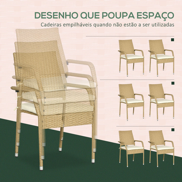 Conjunto de Móveis de Vime PE Conjunto de Refeição 7 Peças Mesa com Tampa de Vidro e 6 Cadeiras Empilháveis com Almofadas para Varanda Pátio Areia e Bege
