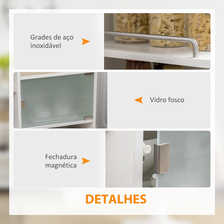 Carrinho de Cozinha com 1 Gaveta Porta de Vidro e Prateleiras Abertas Carrinho de Cozinha Auxiliar com Rodas para Sala de Estar Casa de Banho 65x39x80cm Madeira e Branco