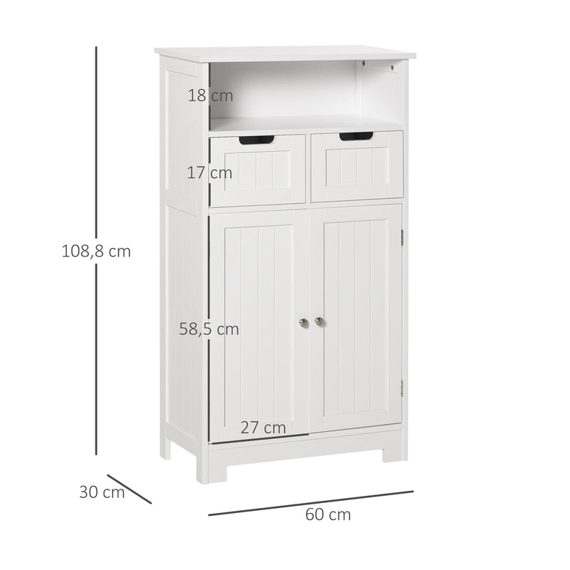 Armário de Casa de Banho com 2 Portas Prateleira Ajustável 2 Gavetas e Compartimento Aberto Móvel Auxiliar de Armazenamento para Sala de Estar Cozinha 60x30x108,8cm Branco