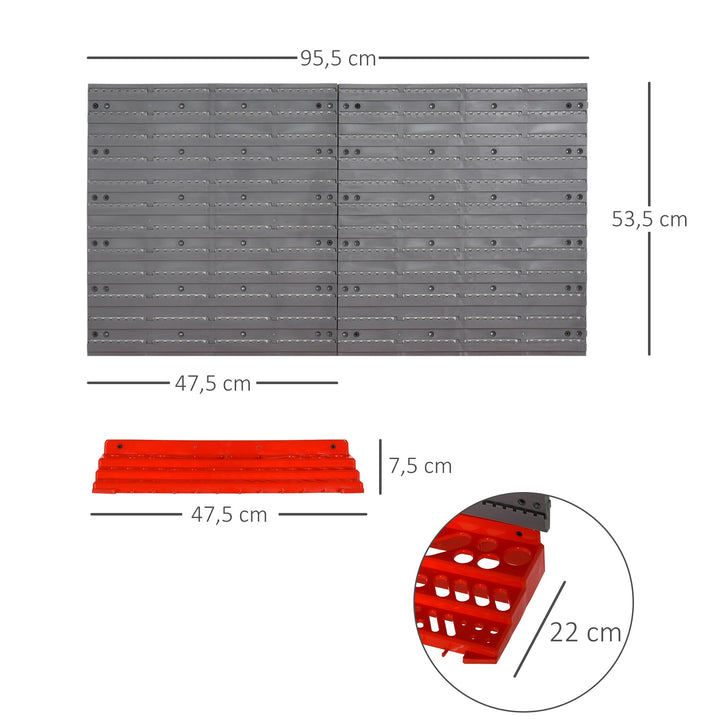 Estante de Parede com Sistema de Armazenamento 95,5x23x53,5cm Suporte para Ferramentas com 54 Peças 50 Ganchos para Oficina Garagens Vermelho e Cinza