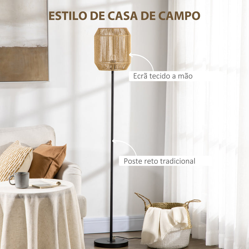 Candeeiro de Pé para Sala de Estar Lâmpada E27 Máx. 40W Candeeiro de Pé com Ecrã de Corda de Papel e Interruptor de Pé para Cozinha Dormitório Ø26x158cm Natural e Preto