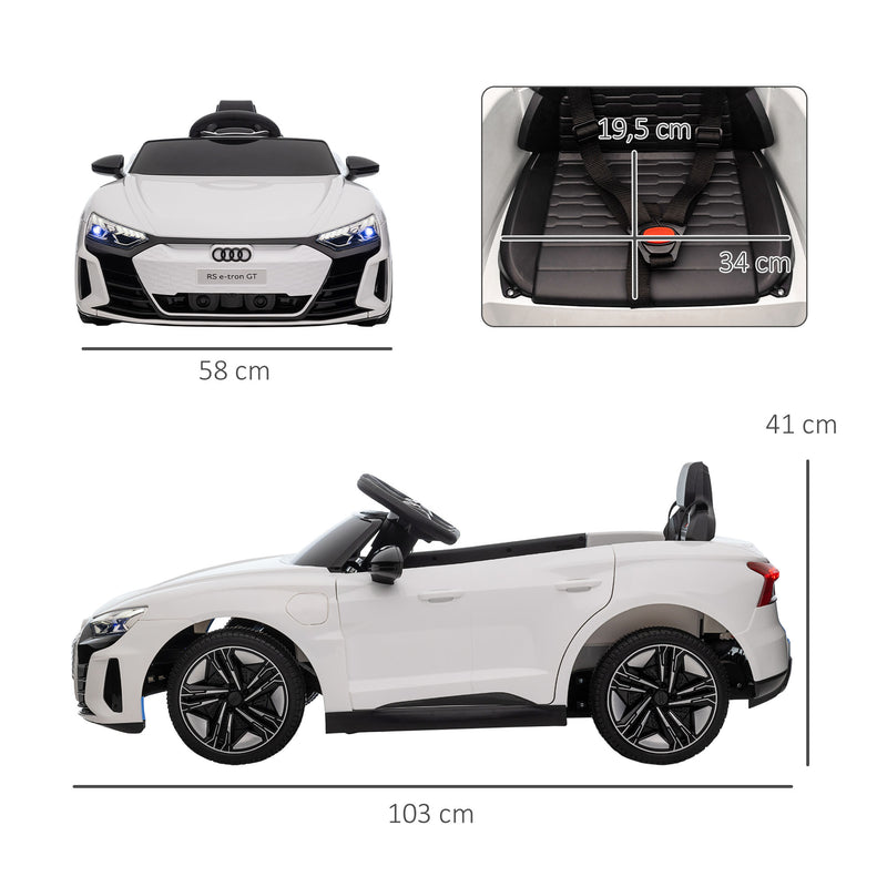 Carro Elétrico AUDI RS E-Tron GT para Crianças de 3-6 Anos Carro de Bateria 12V com 2 Motores Controlo Remoto Faróis LED Buzina Música USB e Abertura de Porta 3-5km/h 103x58x41cm Branco