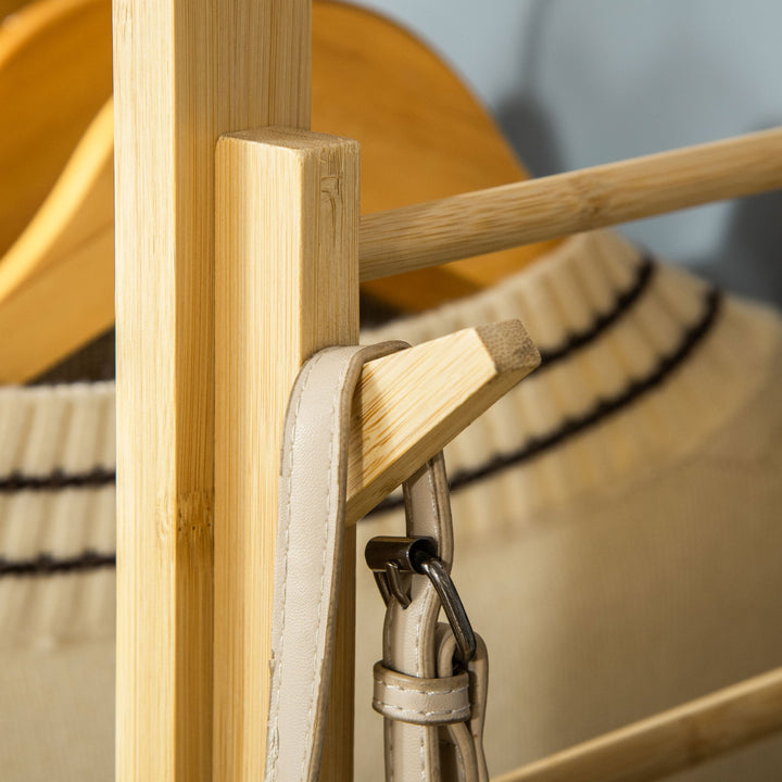 Charriot de Bambú Charriot de Pé com Prateleiras de 4 Níveis com Barra Prateleira Inferior e Cabide Lateral para Roupas Bolsas Dormitório 90x30x155cm Natural