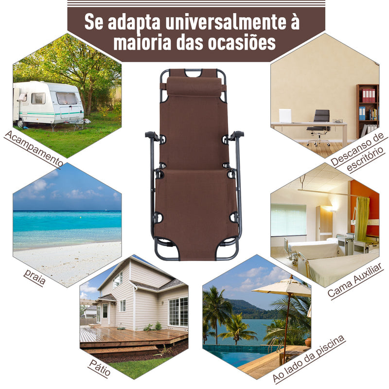 Espreguiçadeira Reclinável Dobrável com Encosto Ajustável Apoio de Braço Apoio para os Pés Carga 136 kg 135x60x89 cm Marrom