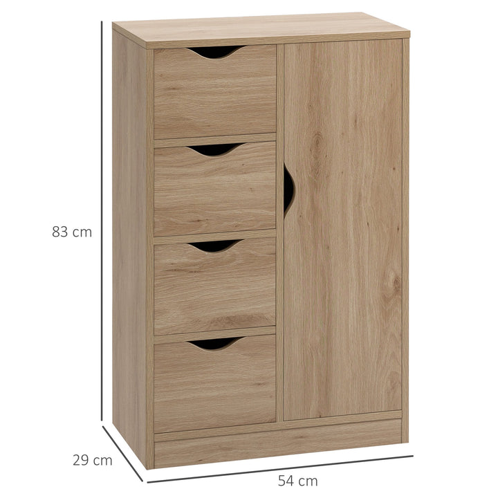 Armário de Sala de Estar Aparador Auxiliar com 4 Gavetas 1 Armário e Prateleira Inferior Móvel de Armazenamento Múltiuso para Dormitórios Sala de Jantar 54x29x83cm Carvalho