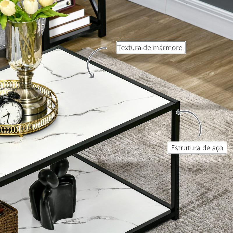 Mesa de Centro Mesa de Sala de Estar com Bancada de Imitação a Mármore e Estrutura de Aço para Escritório Dormitório Sala de Jantar Carga Máxima 90kg 120x60x46cm Branco e Preto