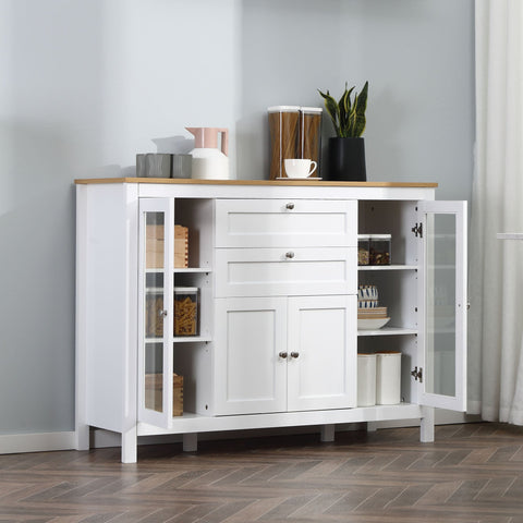 Aparador de Cozinha com Armário 2 Gavetas 2 Portas de Vidro e Prateleiras Ajustáveis Móvel Auxiliar de Armazenamento para Sala de Jantar Sala de Estar 120x40x90cm Branco