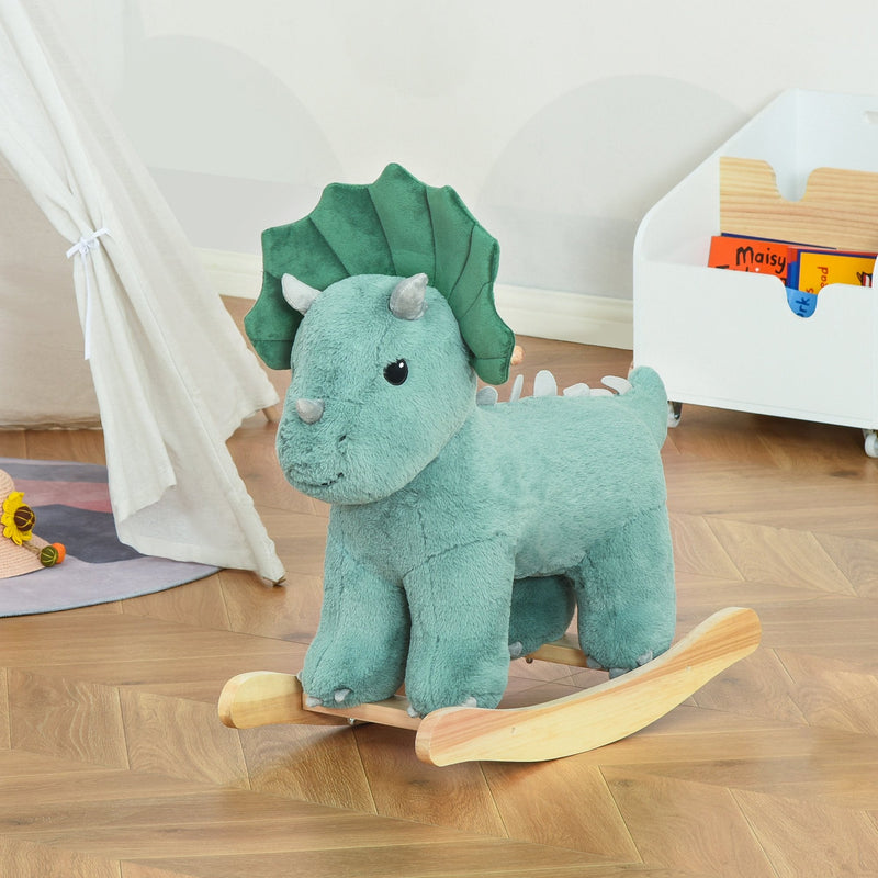 Baloiço Infantil de Dinossauro para Crianças acima de 3 Anos Baloiço com Sons Realistas de Pelúcia e Base de Madeira Carga 45kg 64x30x54cm Verde Escuro