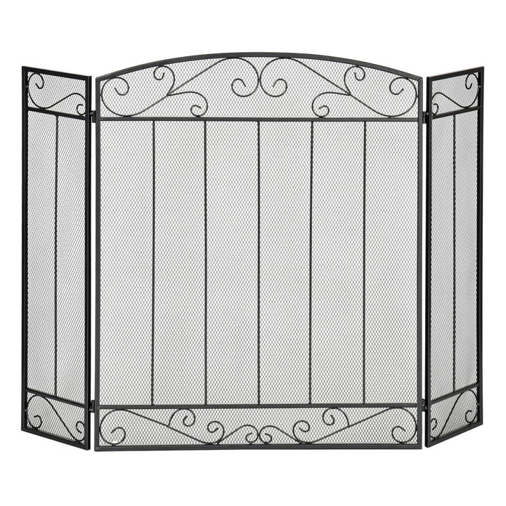 Frente de Lareira Dobrável Frente para Lareira com 3 Painéis Dobradiças Estrutura de Metal e Arame Decorativo 105x80,5cm Preto