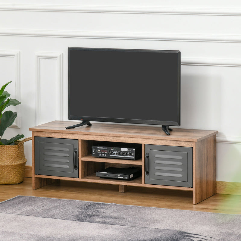 Armário de TV para televisores de 42 "com 2 compartimentos fechados com portas de metal e 2 estantes 109x35x38 cm Madeira natural e cinza