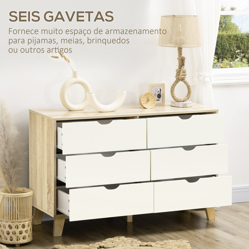 Cómoda com 6 Gavetas e Pés Elevados Cómoda para Dormitório Sala de Estar Estilo Moderno Anti-Tombo 120x40x76cm Madeira e Branco