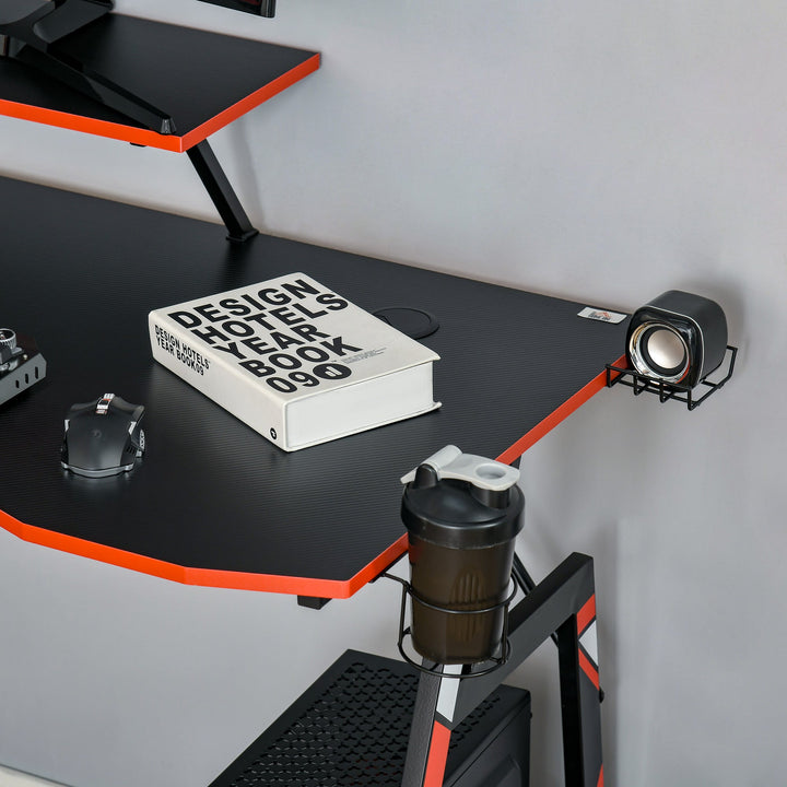 Mesa Gaming Ergonómica Secretária para Computador com Suporte para Monitor e Alto Falante Porta-Copos Gancho para Fones de Ouvido Fibra de Carbono 120x60x94,5 Preto
