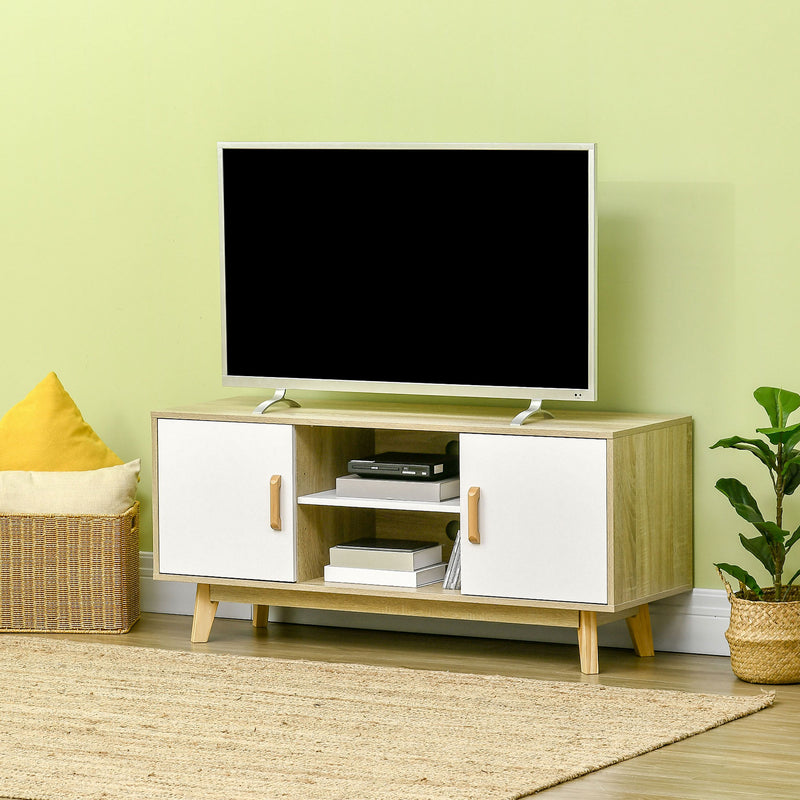 Móvel de TV para Televisores de até 55 Polegadas Móvel de TV Moderna com 2 Gavetas 2 Prateleiras Abertas e Prateleira Interior Ajustável para Dormitórios 120x40x55cm Madeira e Branco