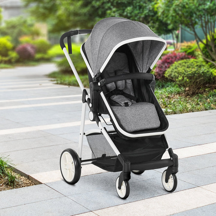 Carrinho de Bebé 2 em 1 Carrinho de Passeio e Alcofa para Crianças de 0 a 36 Meses com Capota Dobrável Encosto Inclinável Cesta Grande Alavanca de Freio Carga 15kg 80x51x102cm Cinza