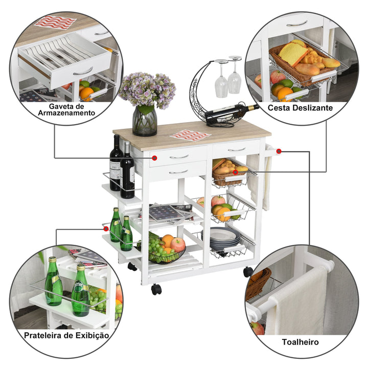 Carrinho de cozinha Carrinho de serviço multifuncional com gavetas Cestas Prateleiras de especiarias Toalheiro Rodas 92x37x82 cm Branco