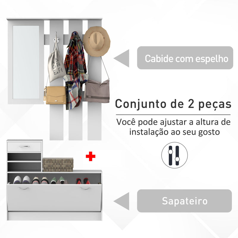 Conjunto de Móveis de Entrada Bengaleiro com Espelho e Sapateira com Gaveta 90x24x75 cm Branco