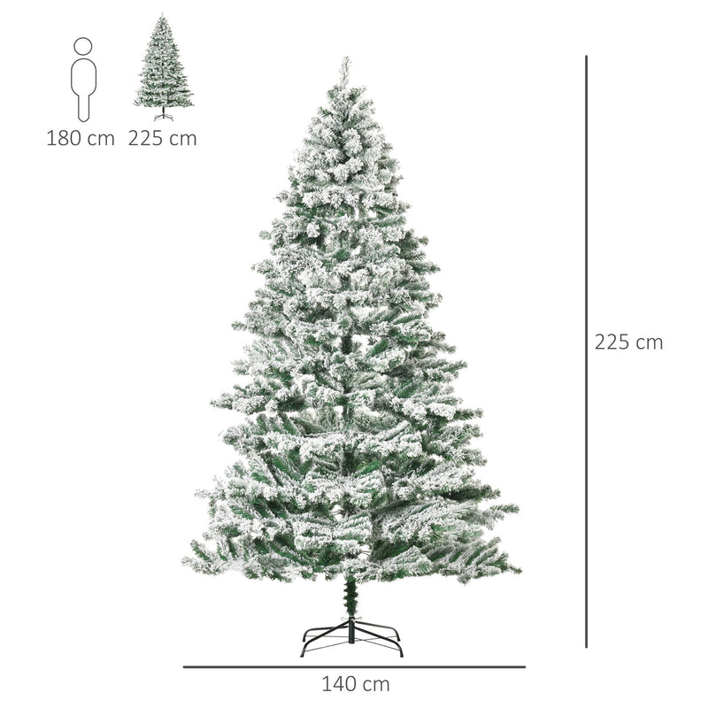 Árvore de Natal Ø140x225cm Neve Artificial com 1083 Pontas de PVC Base Dobrável e Suporte de Metal Decoração de Natal para Interiores Verde e Branco