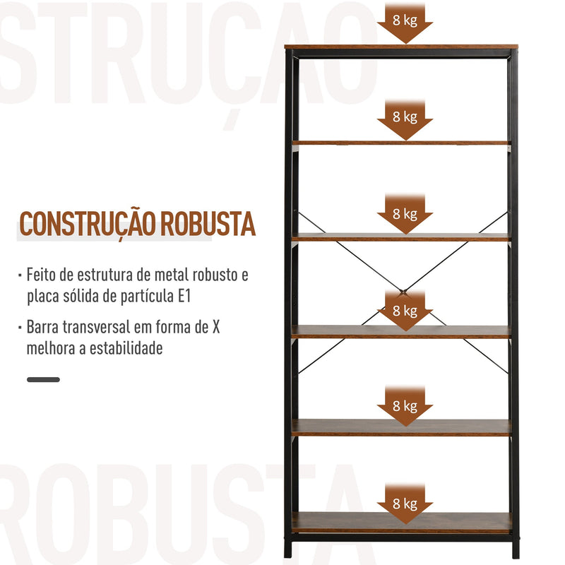 Estante estilo industrial com 6 prateleiras abertas para sala de estar Escritório 80x30x180 cm Castanho Rústico