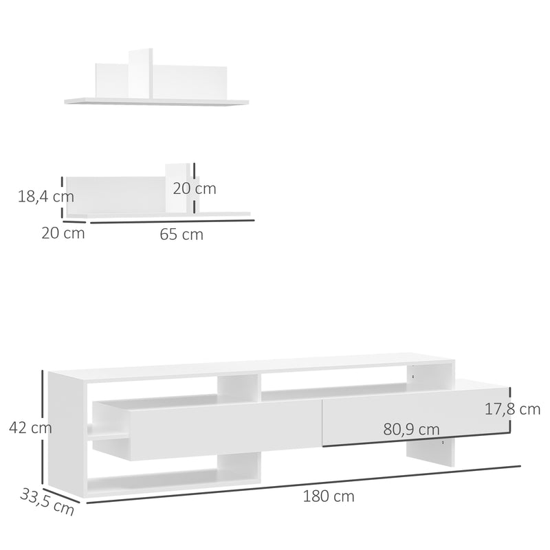 Móvel de TV para Sala de Estar Móvel para Televisor 180x33,5x42cm e 2 Prateleiras de Parede 65x20x20cm Branco