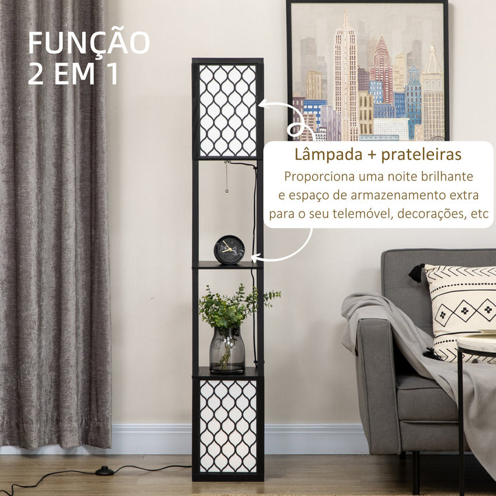 Candeeiro de Pé de Madeira Candeeiro de Pé com Estantes Lâmpada E27 Máx. 40W com Interruptor para Sala de Estar Dormitório Escritório 26x26x156cm Preto e Branco