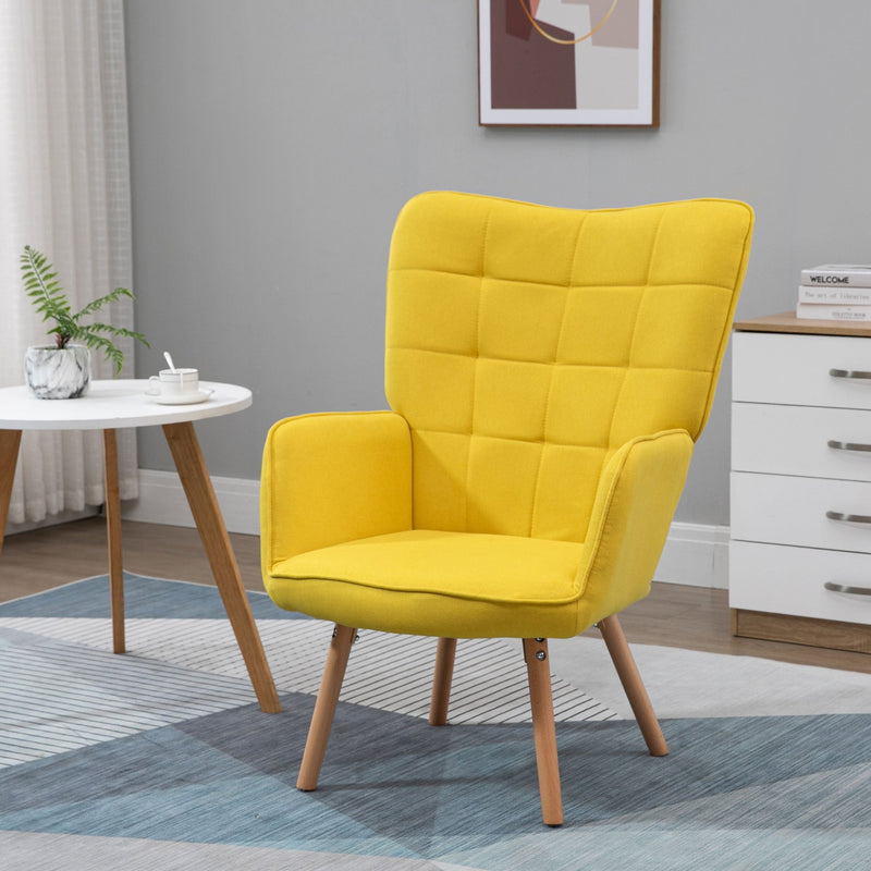 Poltrona de Sala de Estar Moderna Poltrona com Encosto Alto Apoio para os Braços Tecido de Linho e Pés de Madeira de Haya para Sala de Jantar Cozinha 71x68x101cm Amarelo