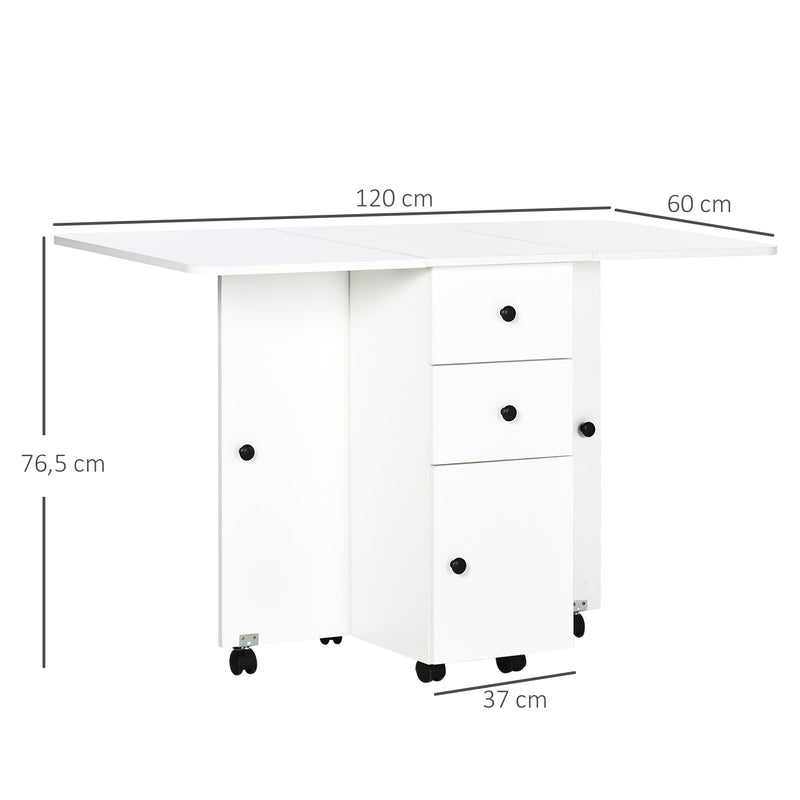 Mesa de Jantar Dobrável com Rodas Mesa Abatível com 2 Gavetas e Armário Mesa Auxiliar Multifuncional para Estúdio Cozinha 120x60x76,5cm Branco