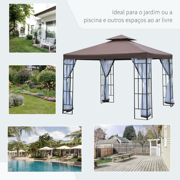 Pérgola de Jardim 3x3m Pérgola para Exterior com Duplo Teto de Ventilação 4 Telas Mosquiteiras Laterais Removíveis e Estrutura de Aço com Proteção Solar para Festas Eventos Café
