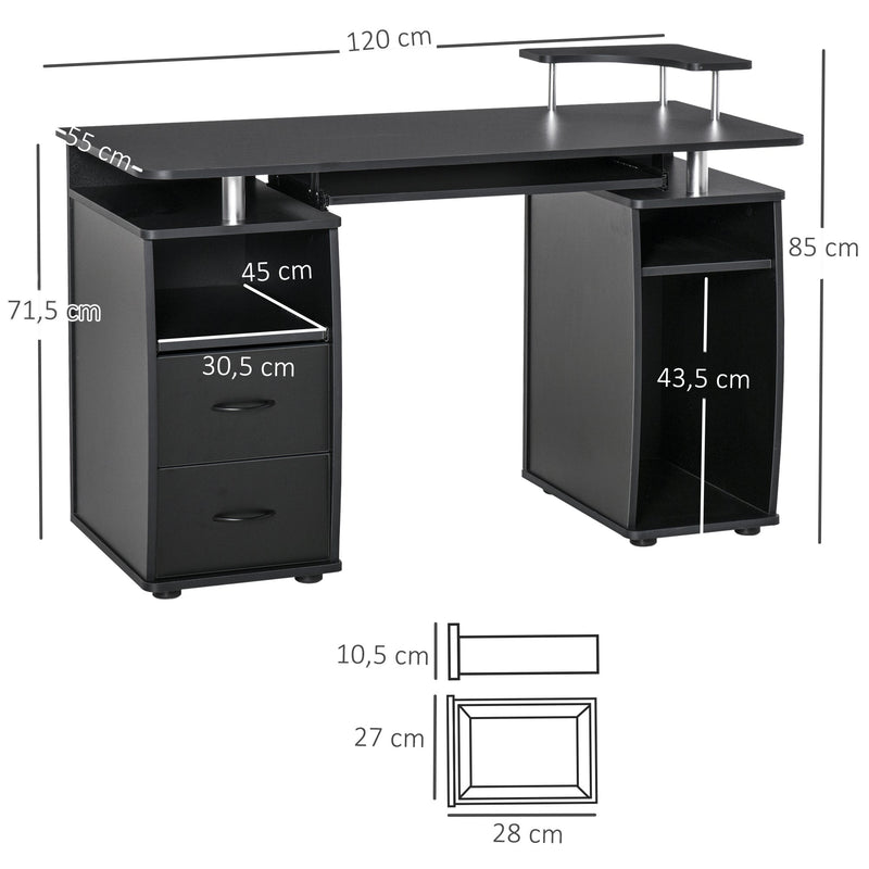 Secretária para computador Mesa para PC com prateleiras múltiplas Bandeja de teclado Suporte para CPU e 2 gavetas 120x55x85 cm Preto