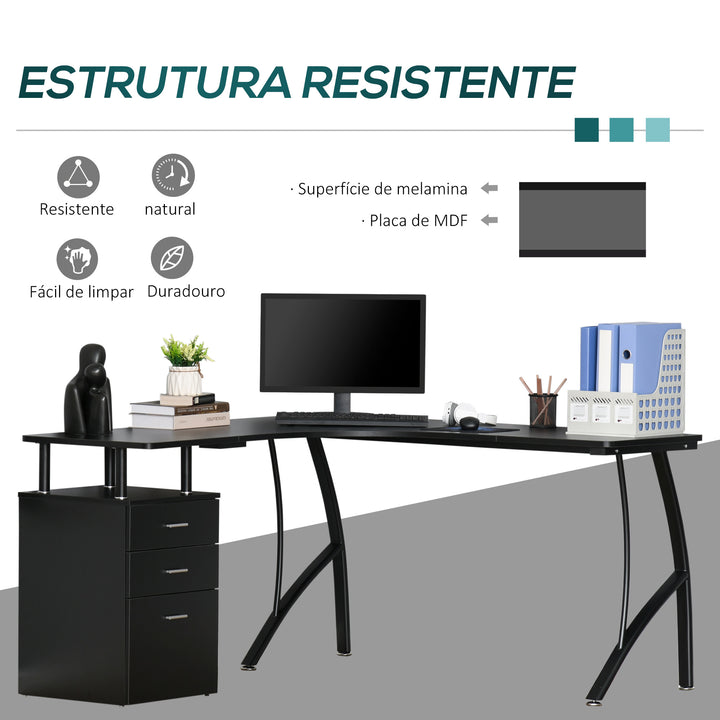 Secretária de Canto para Computador Mesa em Formato de L com 3 Gavetas Mesa Moderna para Escritório 143,5x143,5x76cm Preto