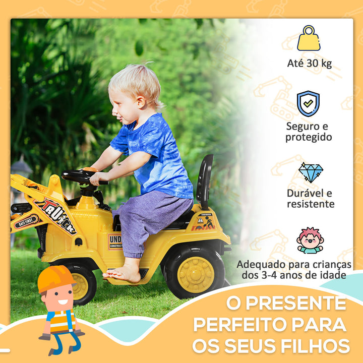Carro Andador para Crianças acima de 3 Anos Escavadora Infantil com Pá Móvel Assento com Armazenamento Oculto e Buzina Carga Máxima 30kg 83x27x39cm Amarelo