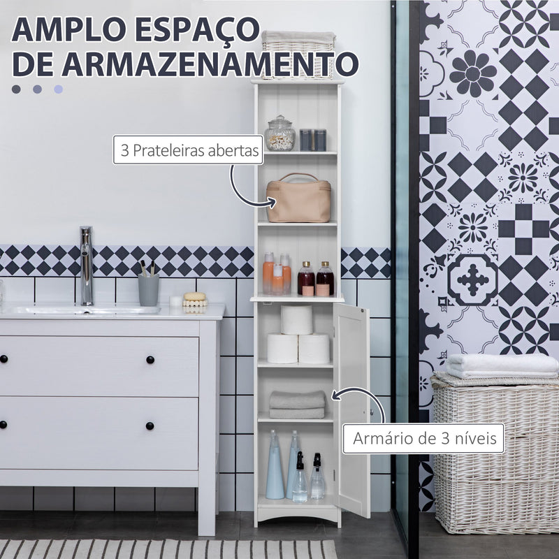 Coluna Casa de Banho Armário Alto Auxiliar para Casa de Banho com 3 Compartimentos de Armazenamento Porta e Prateleiras Ajustáveis 34x23x165cm Branco