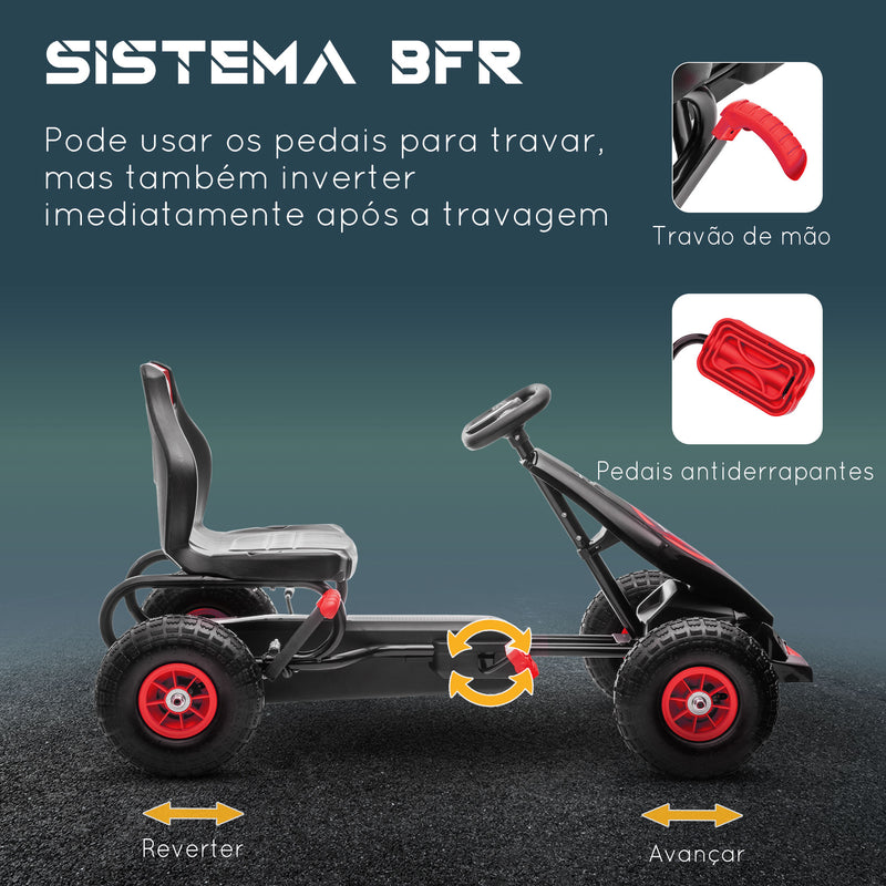 Kart a Pedais para Crianças 5-12 Anos Kart a Pedais Infantil com Assento Ajustável Pneus Insufláveis Amortecimento e Travão de Mão Carga Máx. 50kg 121x58x61cm Vermelho