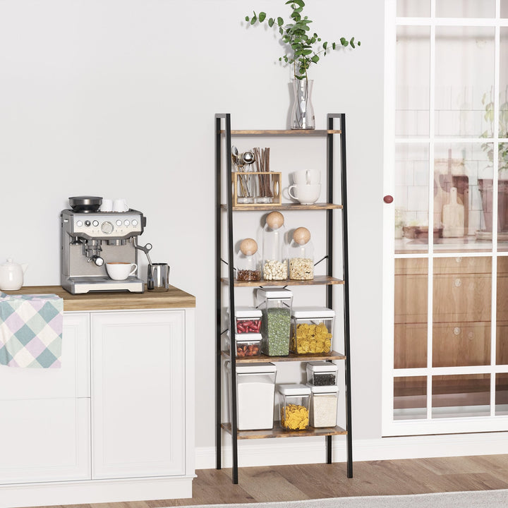 Estante de Estilo Industrial em Forma de Escada com 5 Prateleiras com Estrutura de Metal para Sala de Estar Dormitório Cozinha Escritório 56x34x160cm Marrom Rústico