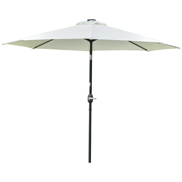 Chapéu de Sol com 32 Luzes LED Solares Ø265x233cm Chapéu de Sol Inclinável com Manivela e Mastro de Aço para Terraço Pátio Exterior Bege