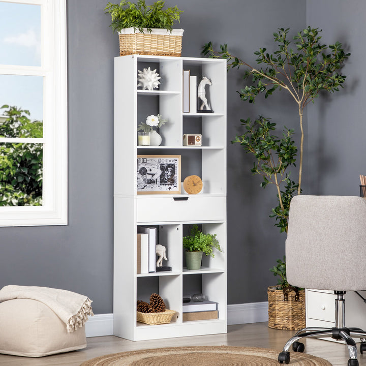 Estante de Madeira Estante para Livros com 1 Gaveta e 9 Compartimentos de Armazenamento Livraria para Sala de Estar Escritório Estúdio 60x26x158cm Branco