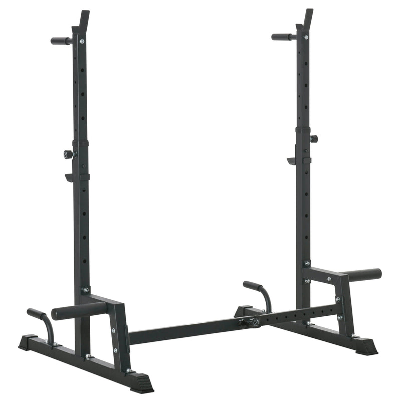 Suporte Multifuncional para Barras de Pesos Flexões Agachamentos Ajustável em Altura e Largura Equipamento Fitness para Academia Casa Aço 123-170x103x111x161cm Preto