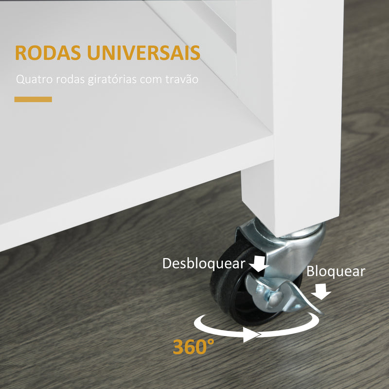 Carrinho de Cozinha com Rodas Móvel Auxiliar de Cozinha com 1 Gaveta 2 Portas 3 Prateleiras Abertas e Barra Lateral para Sala de Jantar 107,5x48x89cm Branco