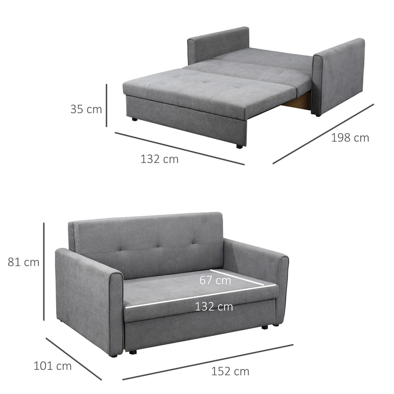 Sofá Cama de 2 Lugares Estofado em Algodão com 2 Almofadas Apoio para os Braços e Armazenamento Sofá Duplo Moderno para Sala de Estar Escritório 152x101x81cm Cinza