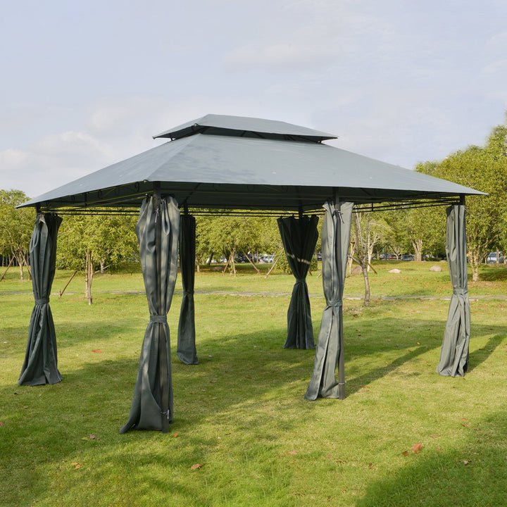 Pérgola de jardim 3x4 m com estrutura de aço telhado duplo 6 cortinas laterais 8 orifícios de drenagem Boa ventilação para festas Eventos cinza