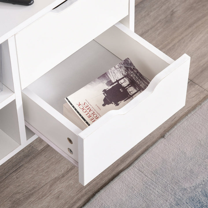 Armário de TV Grande armazenamento com armário prateleiras e gavetas abertas Carga 30 kg 120x28x44 cm Branco