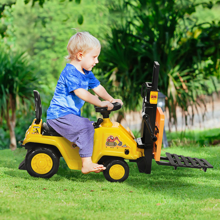 Carro Andador para Crianças acima de 3 Anos Empilhadeira Elevatória de Brinquedo com Forquilha Móvel Buzina e Assento com Armazenamento Oculto Carga Máxima 30kg 86x27,5x47,5cm Amarelo