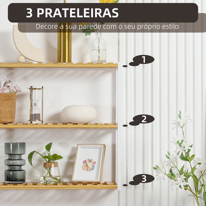 Estante de Parede de Bambu Prateleiras de Parede de 3 Níveis Estante Suspensa para Sala de Estar Dormitório Cozinha Casa de Banho 60x15x54cm Madeira e Branco