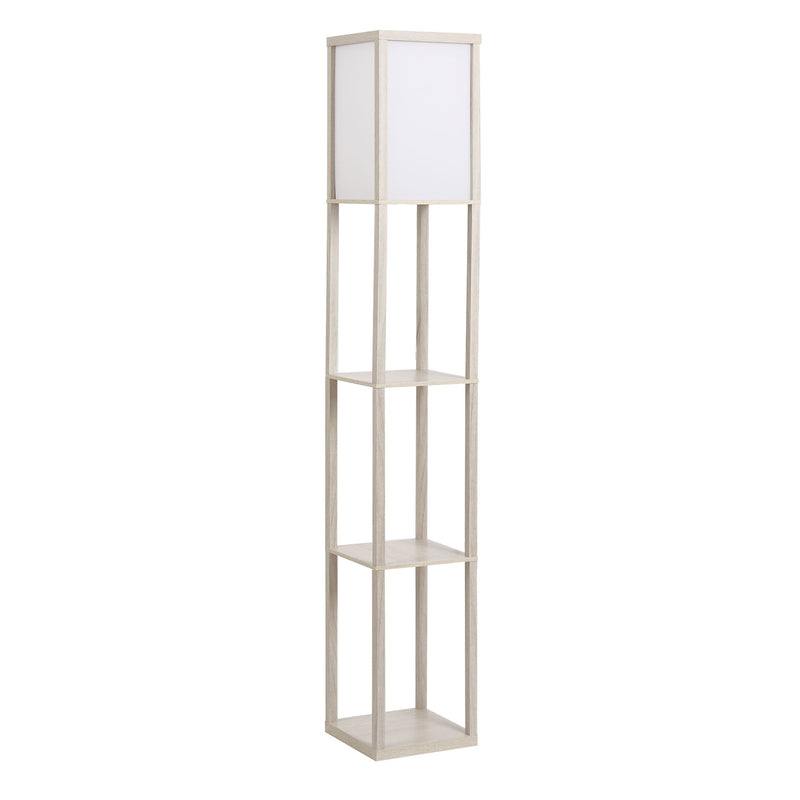 Candeeiro de Pé de Madeira com 3 Prateleiras De Armazenamento para Lâmpada E27 Potência Máx. 40W Candeeiro Moderno para Sala de Estar Dormitório 26x26x160cm Carvalho e Branco