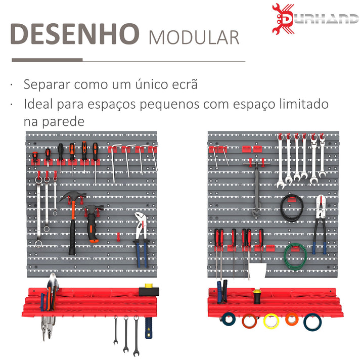Estante de Parede com Sistema de Armazenamento 95,5x23x53,5cm Suporte para Ferramentas com 54 Peças 50 Ganchos para Oficina Garagens Vermelho e Cinza
