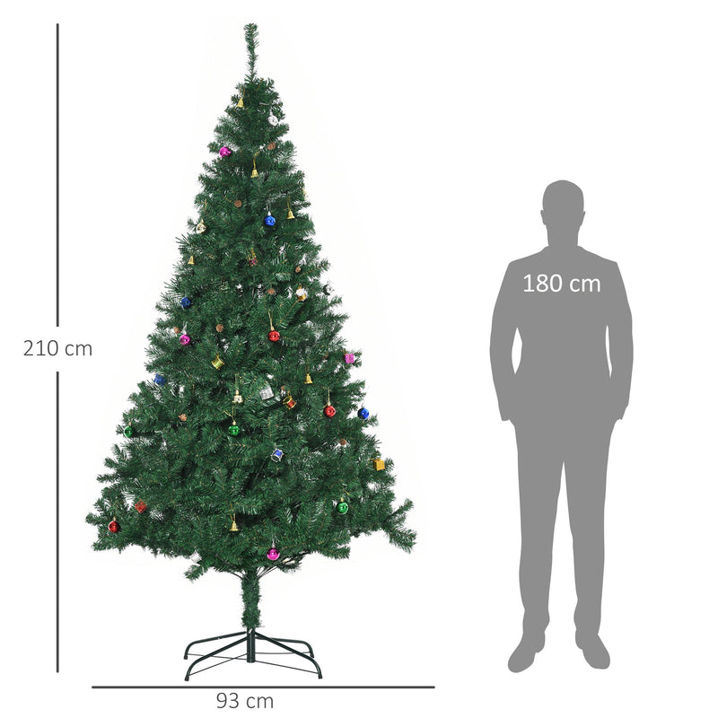 Árvore de Natal Artificial 210cm Ignífugo com 1036 Ramos 53 Decorações Folhas de PVC e Suporte Metálico Decoração de Natal para Interior Verde