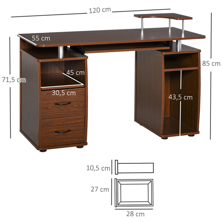 Secretária para computador Mesa para PC com prateleiras múltiplas Bandeja de teclado Suporte para CPU e 2 gavetas 120x55x85 cm Noz