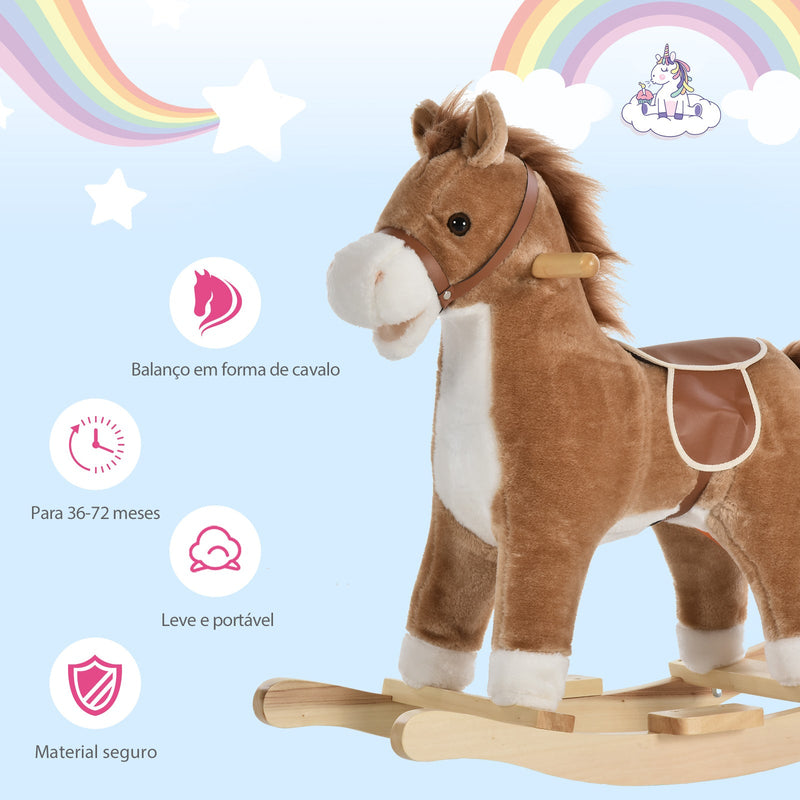 Cavalo de balanço para crianças acima de 36 meses Com boca e cauda móveis Música 65x32,5x61 cm Marrom