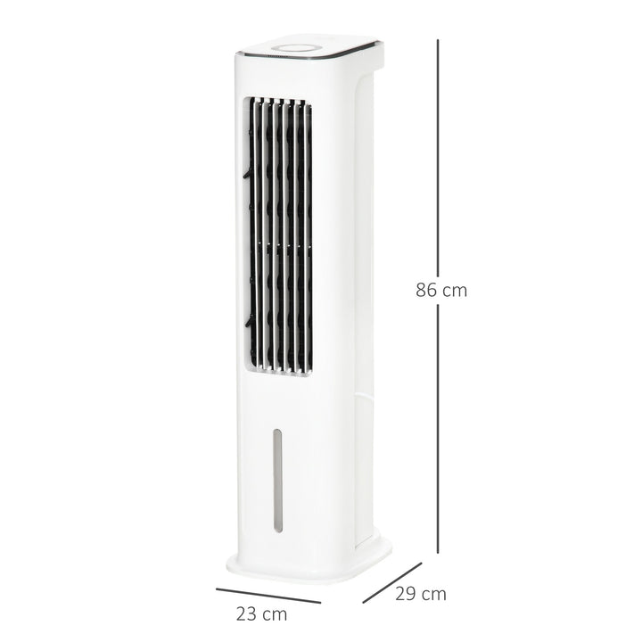 Ventoinha de Torre Altura 86cm Oscilante com Controle Remoto Depósito de Água 5L 3 Modos 3 Velocidades Temporizador de 12h e Tela LED Tátil 23x29x86cm Branco
