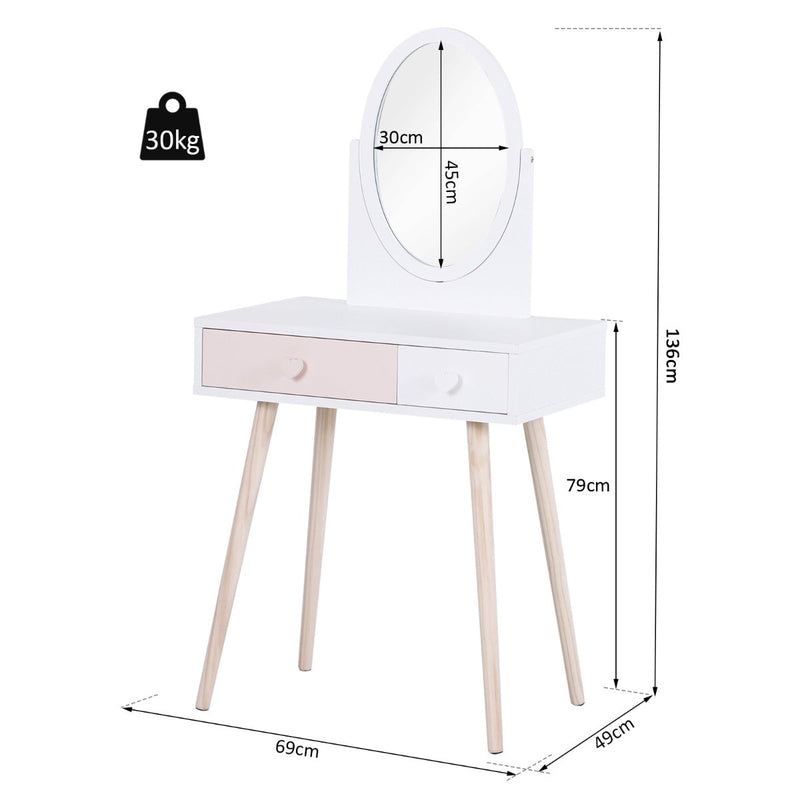 Toucador Cómoda com Espelho com 2 Gavetas 69x49x136 cm Branco e Rosa